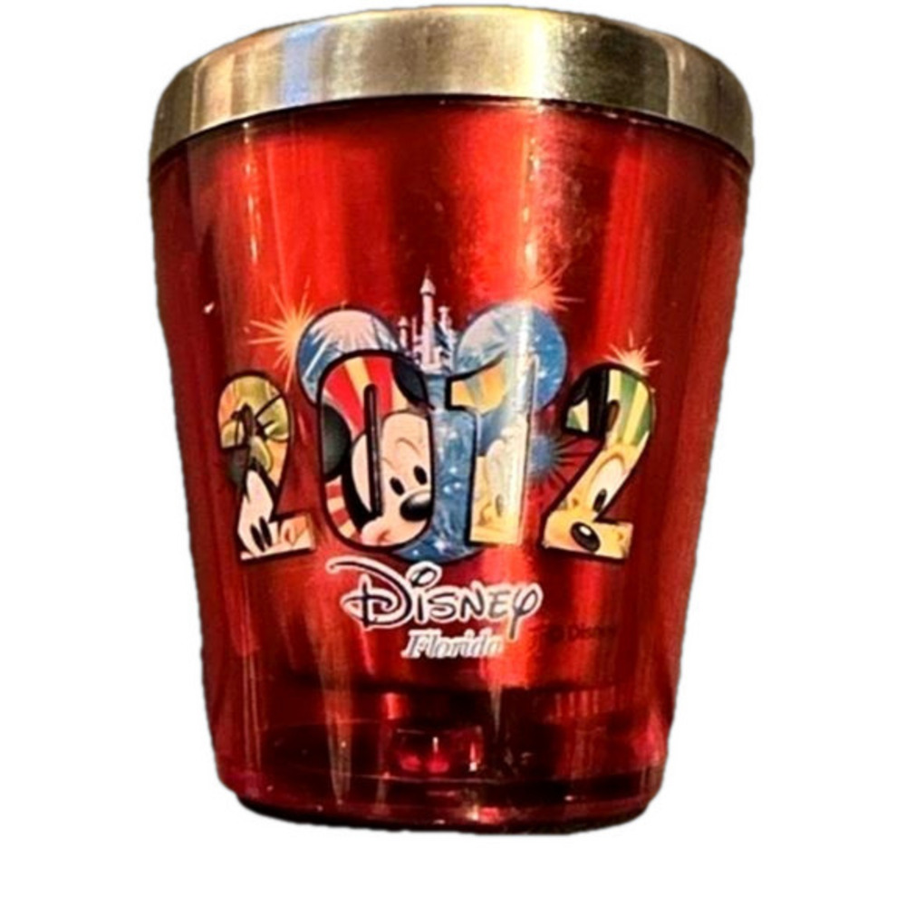 Disney Mickey Goofy Donald and Pluto 2012 Red Plastic & Metal Shot Glass 1.5oz